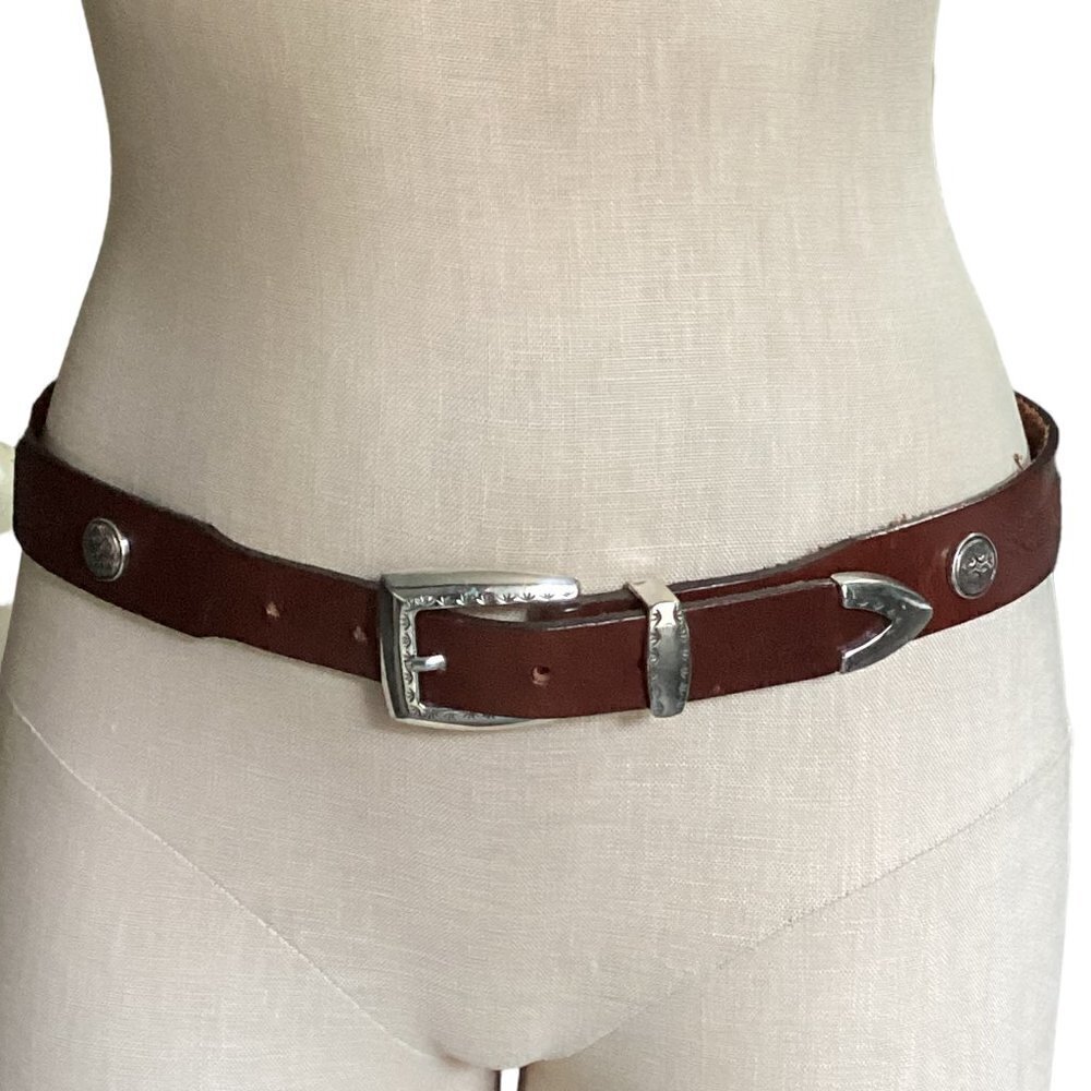 VTG Leegin USA 34-38 Western Belt Brown Hand Tooled Leather‎ Silver Conchos 29S
